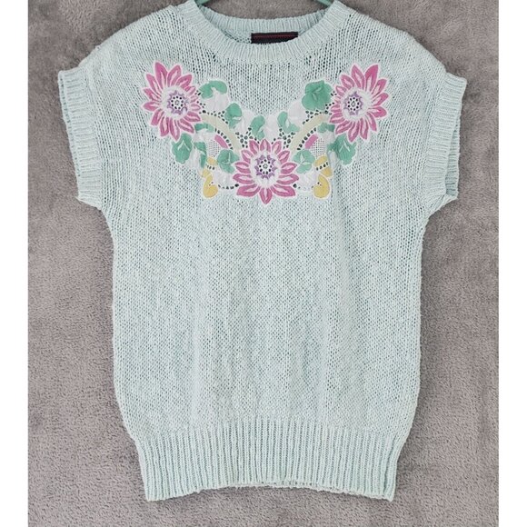 Positively Petite Sweater Womens PL Mint Green Knit Floral Embroidered Vintage - Picture 1 of 10